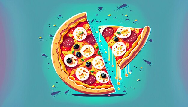 Foto whimsical delight flying slice of pizza cartoon vector illustration allettante concetto di fast food