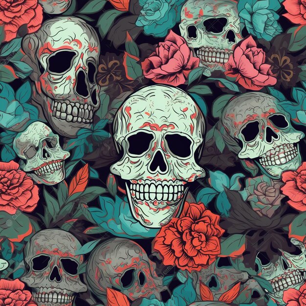 Whimsical Dia de los Muertos illustration with festive skulls colorful carnations and vibrant patt