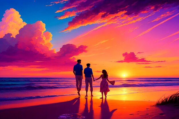 A whimsical digital art painting of a couple walking on the beach AI_Generated