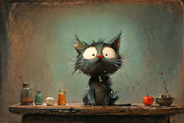 Whimsical digital painting of a fluffy black cat sitting on a table