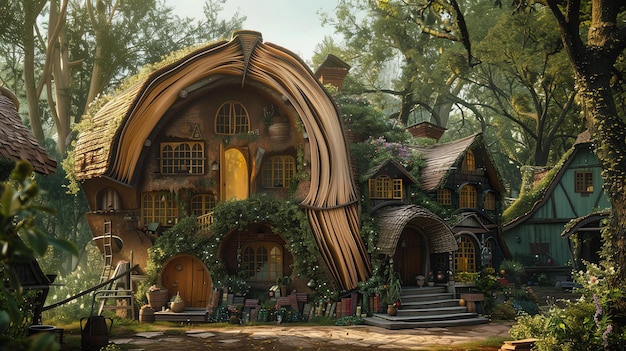 Photo a whimsical digital painting of a house made of books in a lush forest setting