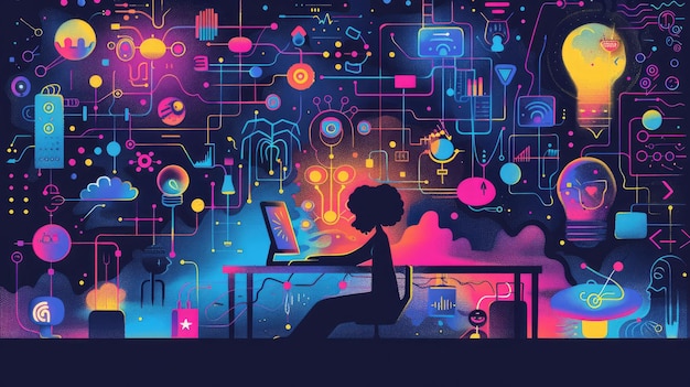 編碼老師與電腦旁邊的人以及一系列浮動的編碼相關符號和元素的奇特涂