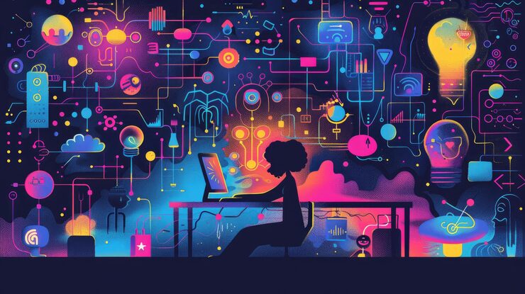 Photo whimsical doodle of a coding tutor with a person at a computer and an array of floating codingrelated symbols and elements