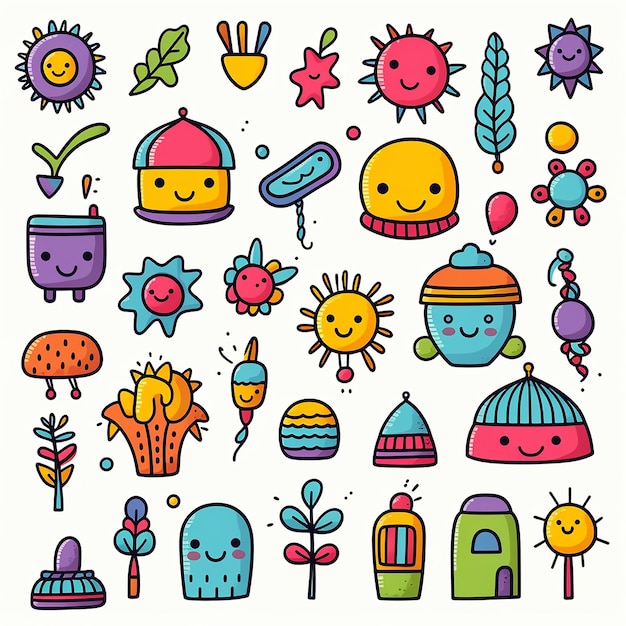 Photo whimsical doodle wonderland cute colorful doodles collections clipart elements