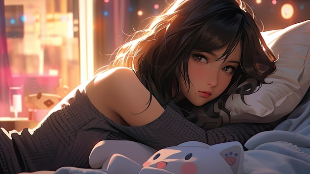 Whimsical Dreamscape Anime Girl in Bed Portrayed in Lofi and Japanese Kawaii Art