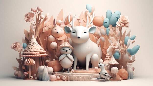 A whimsical dreamy image of a cute animal surrounded by elements inspired by fairy tales