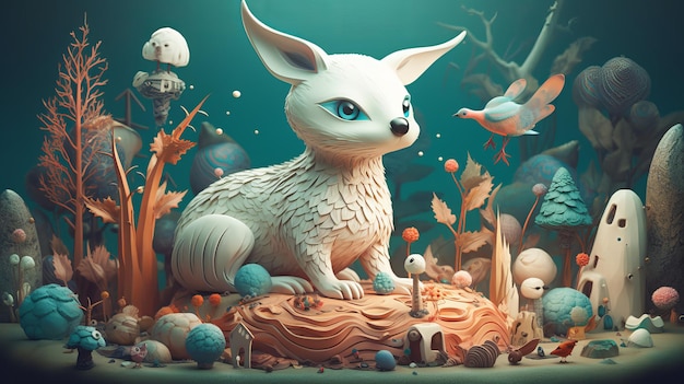 A whimsical dreamy image of a cute animal surrounded by elements inspired by fairy tales