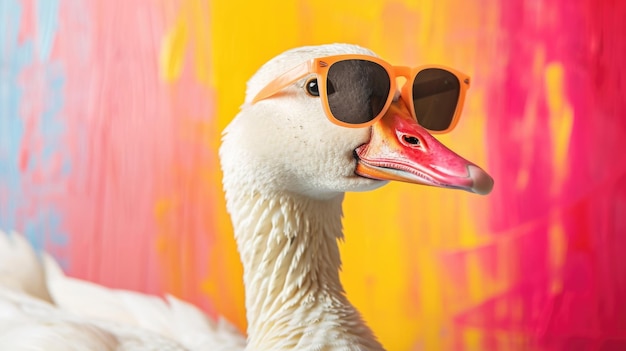 Капризная утка в солнцезащитных очках на красочном фоне