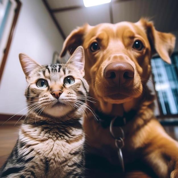 Whimsical Duo Dog and Cat Selfie Pose