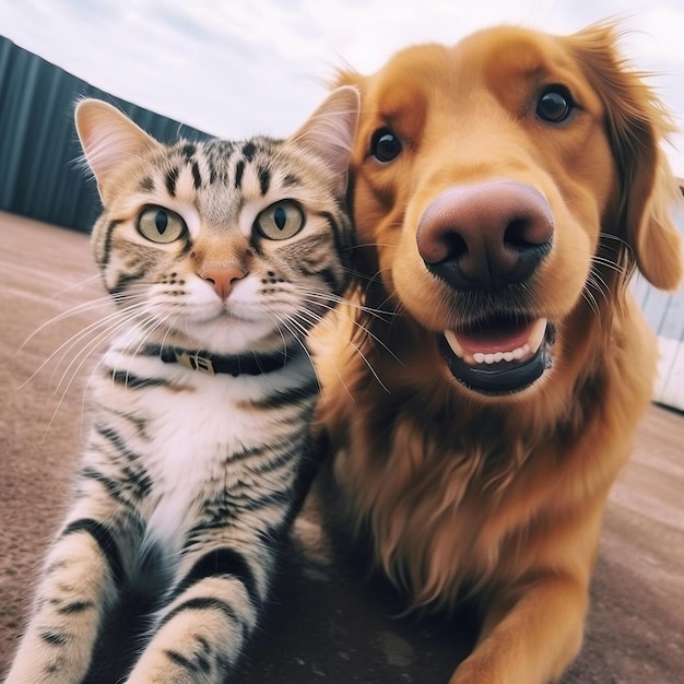 Whimsical Duo Dog and Cat Selfie Pose