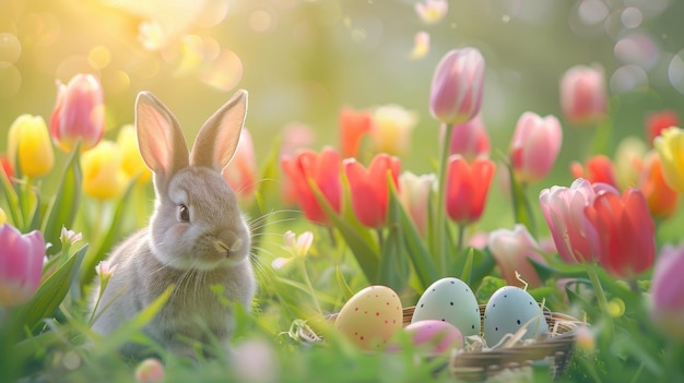 Whimsical Easter Bunny Amongst Tulips and Eggs