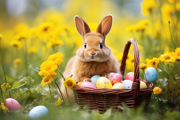 Whimsical easter bunny with basket of decorated eggs in spring meadow