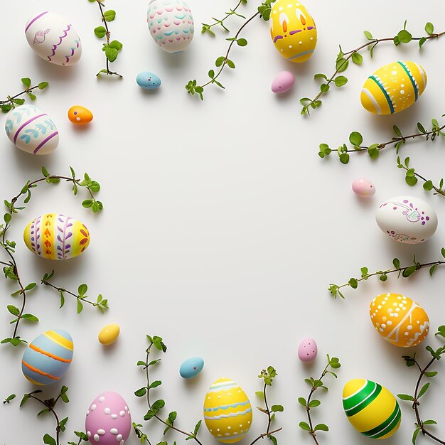 Whimsical Easter Eggs and Green Vines Frame on White Background