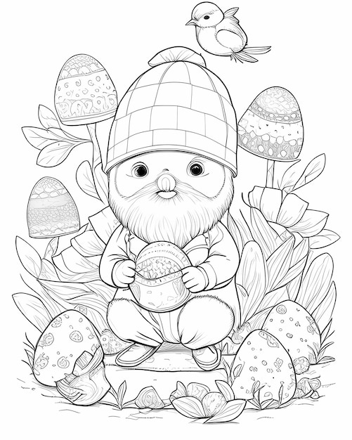 Whimsical Easter Gnome and Friends Coloring Chicks Eggs Rabbi