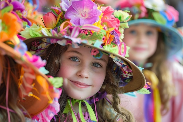 기발 한 부활절 퍼레이드 어린이 들 은 활기찬 것 으로 장식 된 수공예 모 을 즐겁게 착용 한다