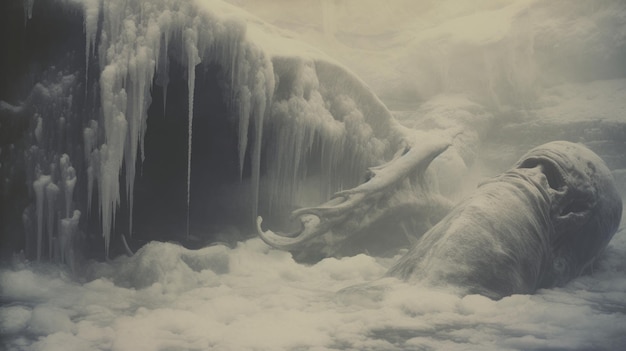  키버와 휴 페리스의 스타일로 바위 표면에서 떨어지는 기묘하고 괴상한 얼음