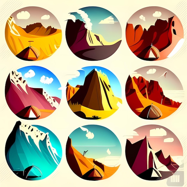 Whimsical elements unleashed round cartoon icons of strong winds landslides and 2 climbers