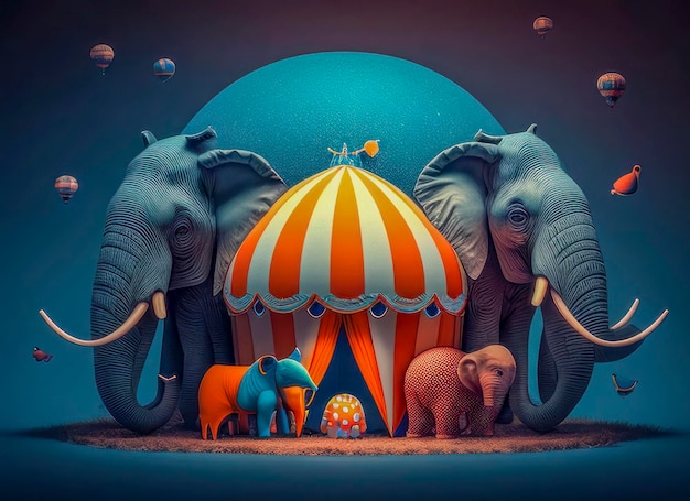 Whimsical Elephants with Hot Air Balloons and Circus Tent