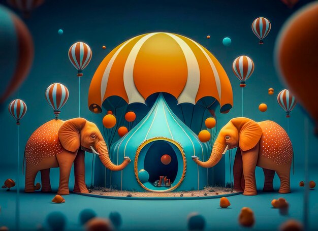 Whimsical Elephants with Hot Air Balloons and Circus Tent