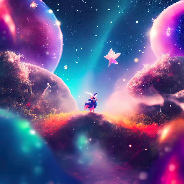 Whimsical Encounter Animals Space Suit Amidst Rainbow Magic and Monster