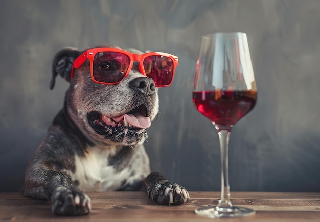 A whimsical encounter a dog with perked ears sits next to an elegant glass of wine creating a scene of curiosity and contrast