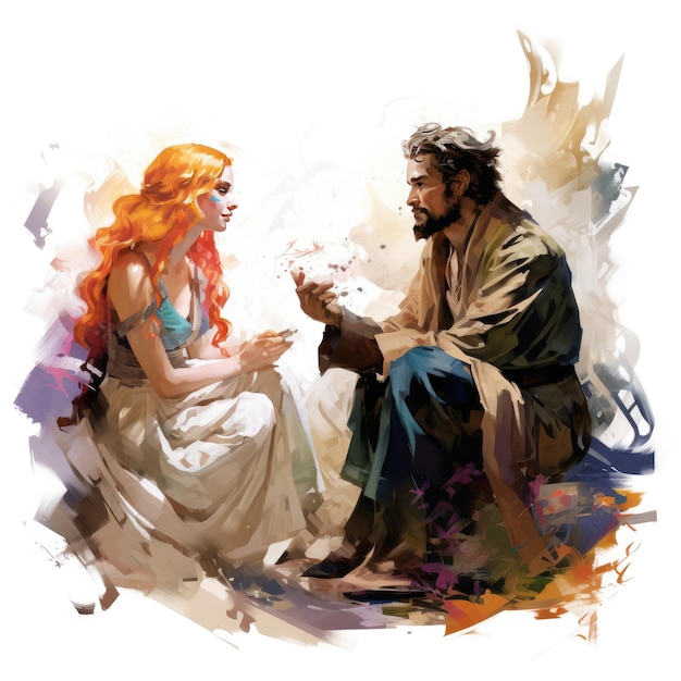 Whimsical Encounters Conversations between Two Fantasy Characters on a Serene Impressionistic Canva