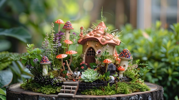 Whimsical fairy house nestled in a lush forest The house is surrounded by colorful mushrooms and there is a small path leading up to the front door