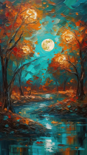 Whimsical Fairy Tale Autumn Scene in Dark Turquoise Oil Painting Generative AI