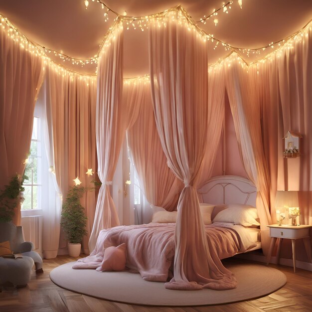 A whimsical fairy tale bedroom with a canopy bed draped in sheer curtains and twinkling string ligh