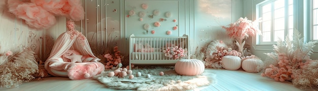Foto una nursery a tema di fate stravaganti con accenti magici e colori morbidi super dettagliati