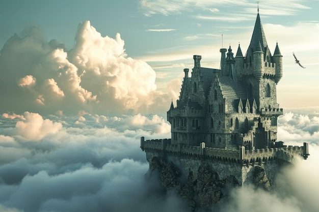 Причудливый сказочный замок в облаках, созданный ИИ.