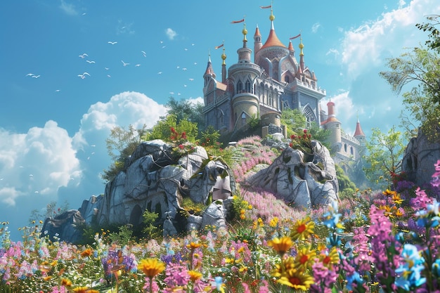 Photo whimsical fairytale castle on a hilltop