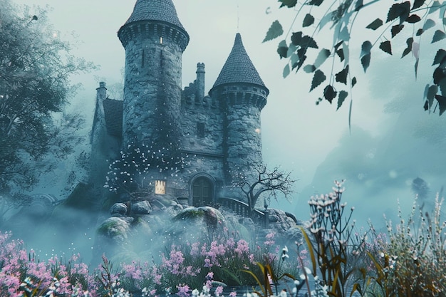 Whimsical fairytale castle in the mist