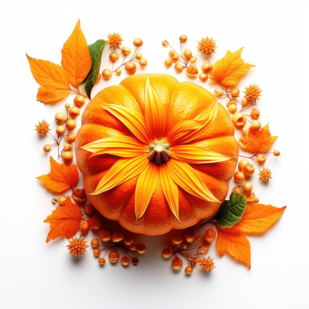 Whimsical Fall Elegance A TopView Snapshot of Pumpkin Amidst Blooming Flowers on Crisp White Backg