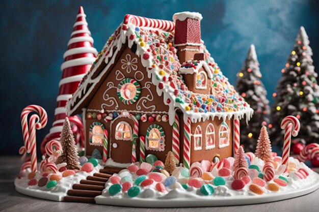 Photo a whimsical and fantastical gingerbread house surrounded by candy canes lollipops