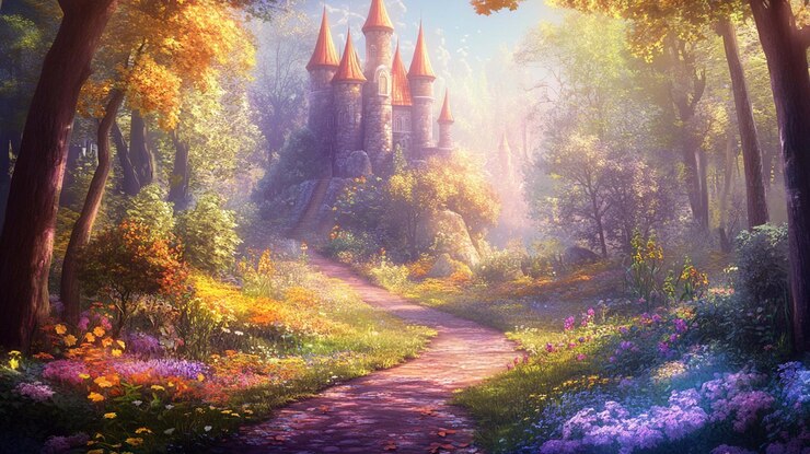 Photo whimsical fantasy landscape featuring a lush forest ideal for creative projects and storytelling