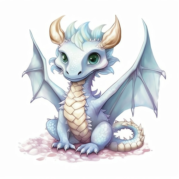 Whimsical Fantasy Watercolor Dragon on a white background Cute Funny Dragon in Cartoon Style