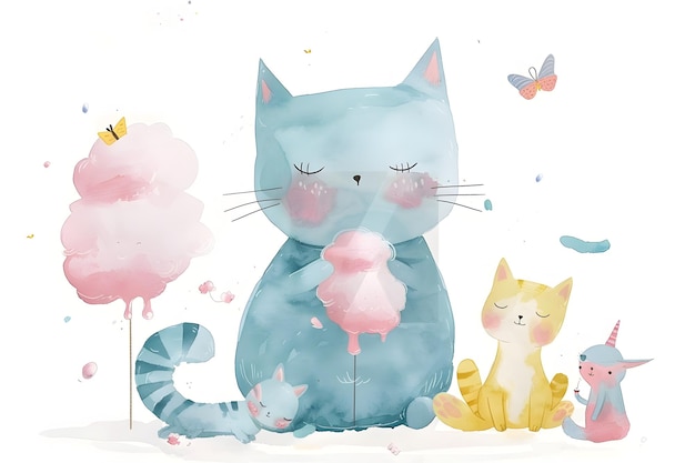 Photo whimsical feline companions enjoy cotton candy in minimalist watercolor illustrated scene