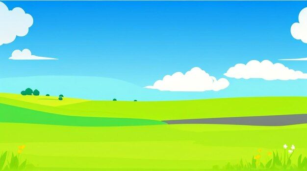 Whimsical flatstyle drawing of a serene valley landscape