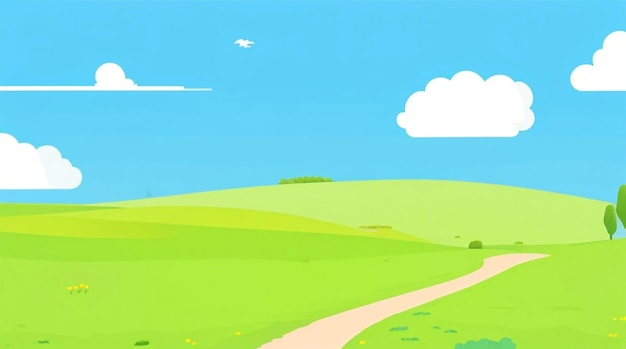 Whimsical flatstyle drawing of a serene valley landscape