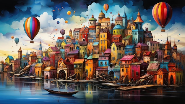 Whimsical floating city with unique colorful buildings background Created with Generative AI technology