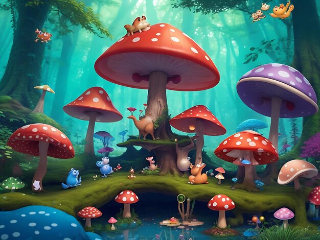 A whimsical forest scene with friendly woodland creatures and colorful toadstools