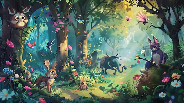 A whimsical forest scene with a variety of cute animals The animals are all depicted in a cartoon style and are surrounded by lush vegetation