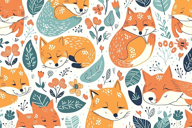 Whimsical fox and flower pattern on a white background Generative AI