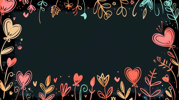 Photo a whimsical frame of colorful doodle hearts and flowers on a dark background