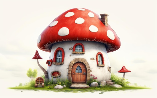 白い背景に赤い帽子をかぶった奇妙な真菌の家