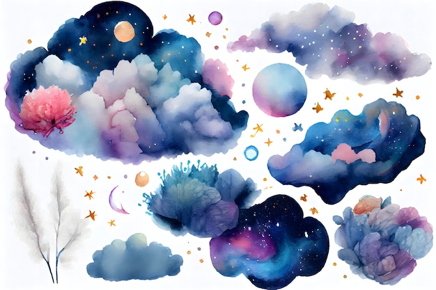 Whimsical Galaxy Clouds on White Background