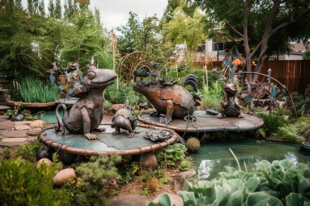 Foto un giardino stravagante con sculture giocose, giochi d'acqua e piante vivaci