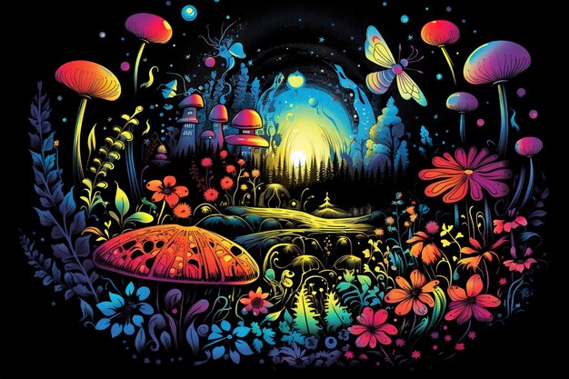 A whimsical garden scene with fairies and fireflies