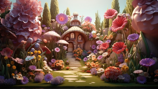 A whimsical garden with talking flowers and mischievous fairies